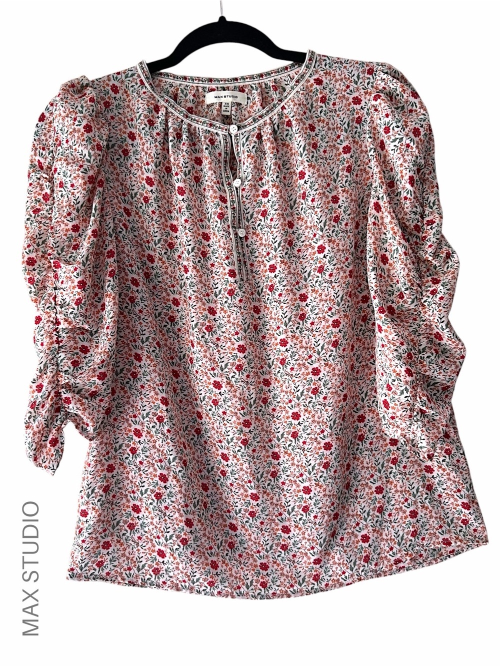 MAX STUDIO NWOT FLORAL TOP PUFF SLEEVES DITSY PRINT WHITE BLUE | EXTRA SMALL